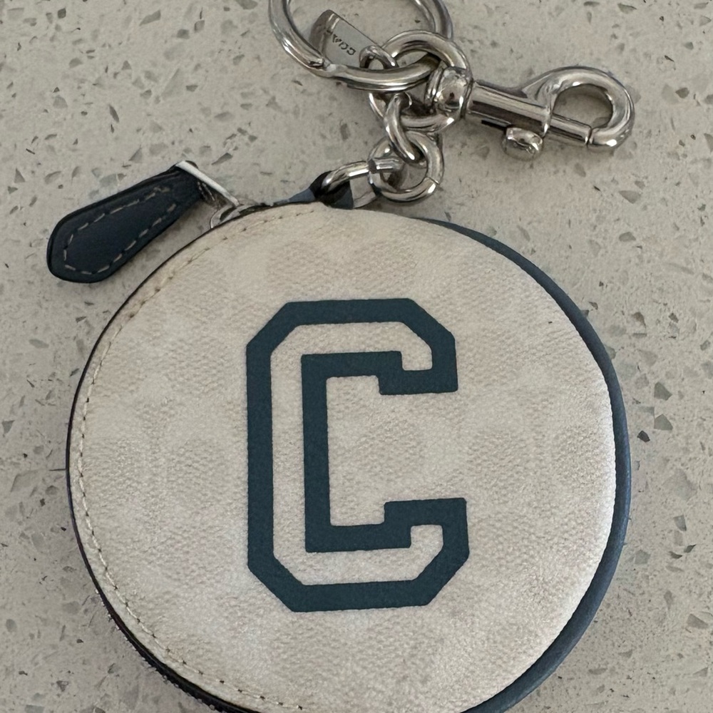Coach Cream and Blue Round Signature Keychain Coin Pouch
